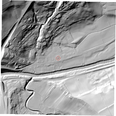 Shaded relief map of the ground around YO211RR, computed from Environment Agency LiDAR. The ground here sits at about 8 m above sea level and falls 91 m across the surrounding 800 m. The ground contributing surface water to this point lies to the south-south-west.