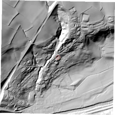Shaded relief map of the ground around YO211RS, computed from Environment Agency LiDAR. The ground here sits at about 35 m above sea level and falls 111 m across the surrounding 800 m. Surface water reaching this point runs off ground lying to the north-north-east, 17.4 m higher.