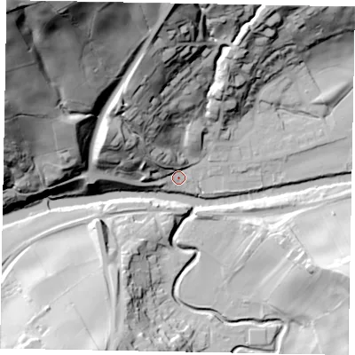 Shaded relief map of the ground around YO211RU, computed from Environment Agency LiDAR. The ground here sits at about 9 m above sea level and falls 105 m across the surrounding 800 m. Surface water reaching this point runs off ground lying to the north-west, 100.8 m higher.