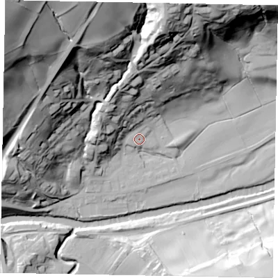 Shaded relief map of the ground around YO211TA, computed from Environment Agency LiDAR. The ground here sits at about 10 m above sea level and falls 101 m across the surrounding 800 m. Surface water reaching this point runs off ground lying to the north-north-west, 27.6 m higher.