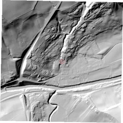 Shaded relief map of the ground around YO211TB, computed from Environment Agency LiDAR. The ground here sits at about 15 m above sea level and falls 110 m across the surrounding 800 m. Surface water reaching this point runs off ground lying to the north, 59.9 m higher.