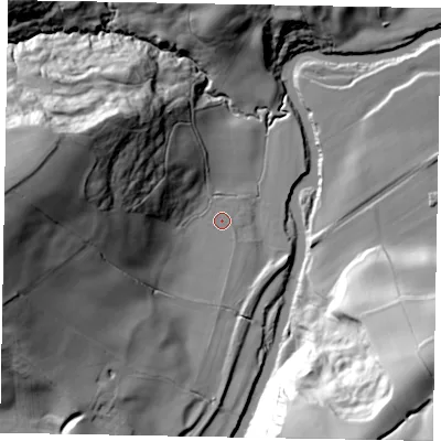 Shaded relief map of the ground around YO211TQ, computed from Environment Agency LiDAR. The ground here sits at about 14 m above sea level and falls 63 m across the surrounding 800 m. Surface water reaching this point runs off ground lying to the west, 57.0 m higher.