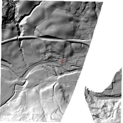 Shaded relief map of the ground around YO211UZ, computed from Environment Agency LiDAR. The ground here sits at about 45 m above sea level and falls 340282346638528859811704183484516925440 m across the surrounding 800 m. Surface water reaching this point runs off ground lying to the north-east, 57.7 m higher.