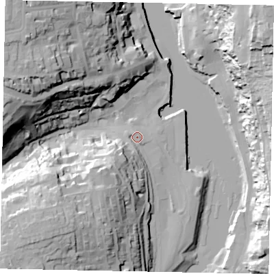 Shaded relief map of the ground around YO211YN, computed from Environment Agency LiDAR. The ground here sits at about 6 m above sea level and falls 53 m across the surrounding 800 m. Surface water reaching this point runs off ground lying to the south-south-west, 2.3 m higher.