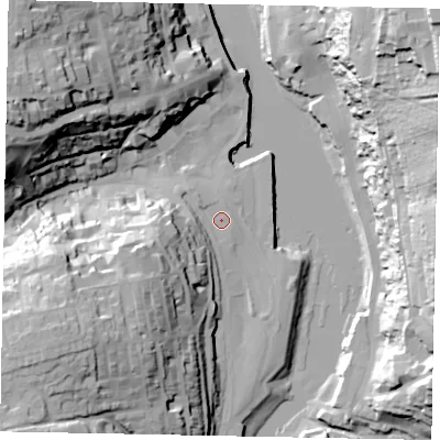 Shaded relief map of the ground around YO211YW, computed from Environment Agency LiDAR. The ground here sits at about 5 m above sea level and falls 57 m across the surrounding 800 m. Surface water reaching this point runs off ground lying to the south-west, 31.2 m higher.