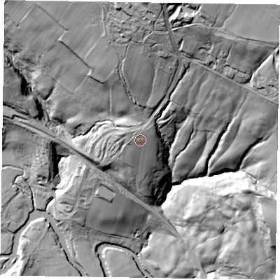 Shaded relief map of the ground around YO212AG, computed from Environment Agency LiDAR. The ground here sits at about 136 m above sea level and falls 108 m across the surrounding 800 m. Surface water reaching this point runs off ground lying to the north-north-east, 3.2 m higher.