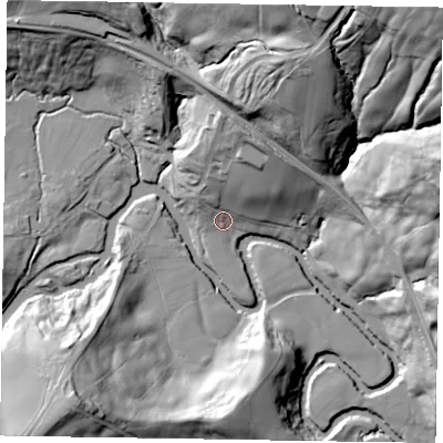 Shaded relief map of the ground around YO212AH, computed from Environment Agency LiDAR. The ground here sits at about 94 m above sea level and falls 73 m across the surrounding 800 m. Surface water reaching this point runs off ground lying to the north-north-east, 23.6 m higher.