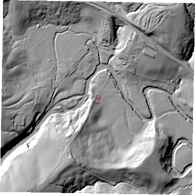 Shaded relief map of the ground around YO212AJ, computed from Environment Agency LiDAR. The ground here sits at about 94 m above sea level and falls 54 m across the surrounding 800 m. Surface water reaching this point runs off ground lying to the south-west, 5.1 m higher.