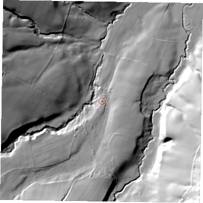 Shaded relief map of the ground around YO212AR, computed from Environment Agency LiDAR. The ground here sits at about 162 m above sea level and falls 58 m across the surrounding 800 m. Surface water reaching this point runs off ground lying to the south, 3.3 m higher.