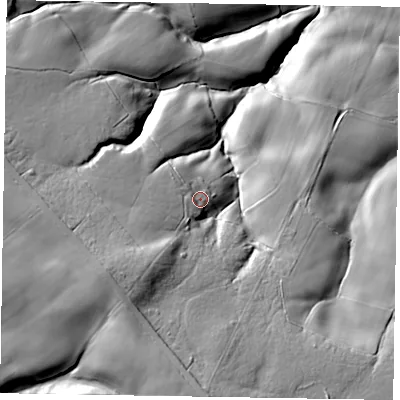 Shaded relief map of the ground around YO212BE, computed from Environment Agency LiDAR. The ground here sits at about 208 m above sea level and falls 45 m across the surrounding 800 m. Surface water reaching this point runs off ground lying to the south-west, 13.4 m higher.