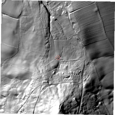 Shaded relief map of the ground around YO212DF, computed from Environment Agency LiDAR. The ground here sits at about 207 m above sea level and falls 108 m across the surrounding 800 m. Surface water reaching this point runs off ground lying to the south, 79.7 m higher.
