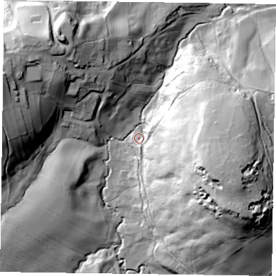 Shaded relief map of the ground around YO212EY, computed from Environment Agency LiDAR. The ground here sits at about 132 m above sea level and falls 66 m across the surrounding 800 m. Surface water reaching this point runs off ground lying to the south-east, 63.4 m higher.