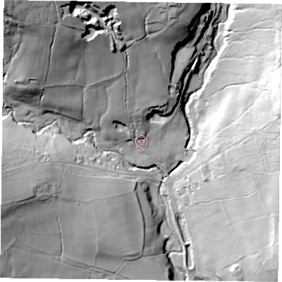 Shaded relief map of the ground around YO212HG, computed from Environment Agency LiDAR. The ground here sits at about 171 m above sea level and falls 77 m across the surrounding 800 m. Surface water reaching this point runs off ground lying to the north-north-west, 50.8 m higher.