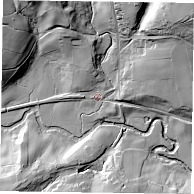 Shaded relief map of the ground around YO212JL, computed from Environment Agency LiDAR. The ground here sits at about 128 m above sea level and falls 63 m across the surrounding 800 m. Surface water reaching this point runs off ground lying to the north-east, 56.6 m higher.