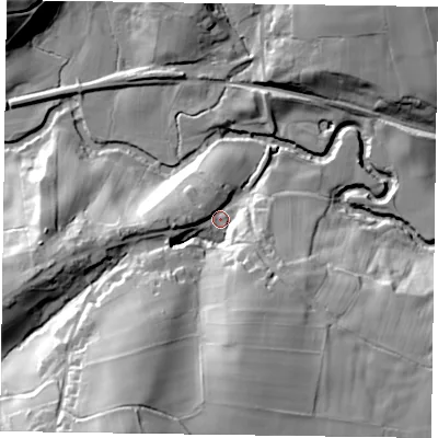 Shaded relief map of the ground around YO212JN, computed from Environment Agency LiDAR. The ground here sits at about 132 m above sea level and falls 51 m across the surrounding 800 m. Surface water reaching this point runs off ground lying to the south-south-west, 40.8 m higher.