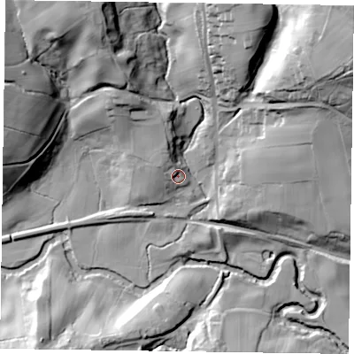 Shaded relief map of the ground around YO212JQ, computed from Environment Agency LiDAR. The ground here sits at about 132 m above sea level and falls 70 m across the surrounding 800 m. Surface water reaching this point runs off ground lying to the north-west, 6.1 m higher.