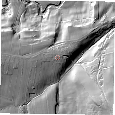 Shaded relief map of the ground around YO212JZ, computed from Environment Agency LiDAR. The ground here sits at about 154 m above sea level and falls 65 m across the surrounding 800 m. Surface water reaching this point runs off ground lying to the north-north-east, 2.0 m higher.