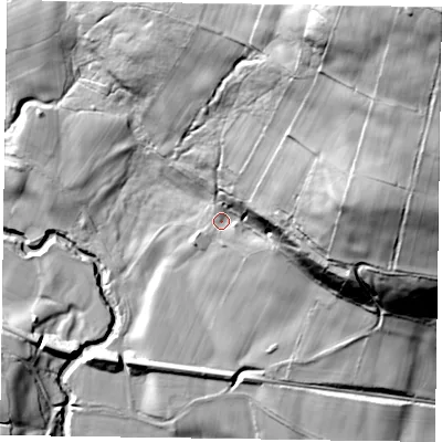 Shaded relief map of the ground around YO212LN, computed from Environment Agency LiDAR. The ground here sits at about 130 m above sea level and falls 111 m across the surrounding 800 m. Surface water reaching this point runs off ground lying to the north-east, 98.9 m higher.