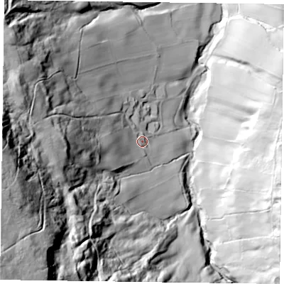 Shaded relief map of the ground around YO212NJ, computed from Environment Agency LiDAR. The ground here sits at about 232 m above sea level and falls 166 m across the surrounding 800 m. Surface water reaching this point runs off ground lying to the west-south-west, 112.4 m higher.