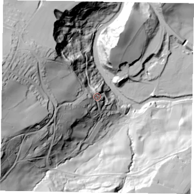 Shaded relief map of the ground around YO212PF, computed from Environment Agency LiDAR. The ground here sits at about 113 m above sea level and falls 103 m across the surrounding 800 m. Surface water reaching this point runs off ground lying to the west-north-west, 48.2 m higher.
