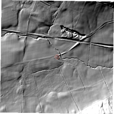 Shaded relief map of the ground around YO212SB, computed from Environment Agency LiDAR. The ground here sits at about 169 m above sea level and falls 49 m across the surrounding 800 m. Surface water reaching this point runs off ground lying to the west, 2.4 m higher.