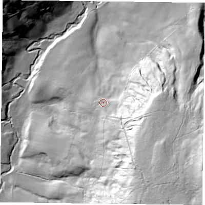 Shaded relief map of the ground around YO212SF, computed from Environment Agency LiDAR. The ground here sits at about 235 m above sea level and falls 123 m across the surrounding 800 m. Surface water reaching this point runs off ground lying to the south-east, 76.1 m higher.
