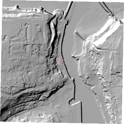 Shaded relief map of the ground around YO213PR, computed from Environment Agency LiDAR. The ground here sits at about 5 m above sea level and falls 56 m across the surrounding 800 m. Surface water reaching this point runs off ground lying to the south-west, 8.3 m higher.