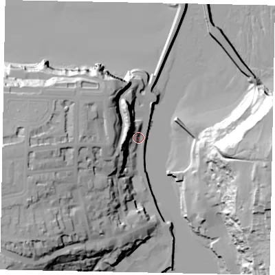 Shaded relief map of the ground around YO213PU, computed from Environment Agency LiDAR. The ground here sits at about 7 m above sea level and falls 54 m across the surrounding 800 m. Surface water reaching this point runs off ground lying to the west, 22.9 m higher.