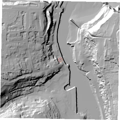 Shaded relief map of the ground around YO213PW, computed from Environment Agency LiDAR. The ground here sits at about 5 m above sea level and falls 58 m across the surrounding 800 m. Surface water reaching this point runs off ground lying to the west, 37.7 m higher.