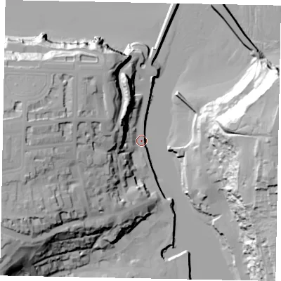 Shaded relief map of the ground around YO213PX, computed from Environment Agency LiDAR. The ground here sits at about 4 m above sea level and falls 55 m across the surrounding 800 m. Surface water reaching this point runs off ground lying to the west, 45.5 m higher.