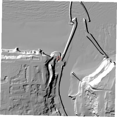 Shaded relief map of the ground around YO213PY, computed from Environment Agency LiDAR. The ground here sits at about 10 m above sea level and falls 55 m across the surrounding 800 m. Surface water reaching this point runs off ground lying to the west-south-west, 34.8 m higher.