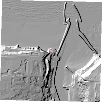 Shaded relief map of the ground around YO213PZ, computed from Environment Agency LiDAR. The ground here sits at about 9 m above sea level and falls 54 m across the surrounding 800 m. Surface water reaching this point runs off ground lying to the west-south-west, 34.7 m higher.