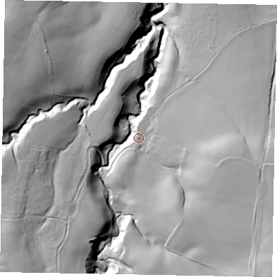 Shaded relief map of the ground around YO213SF, computed from Environment Agency LiDAR. The ground here sits at about 136 m above sea level and falls 67 m across the surrounding 800 m. Surface water reaching this point runs off ground lying to the south-east, 50.8 m higher.