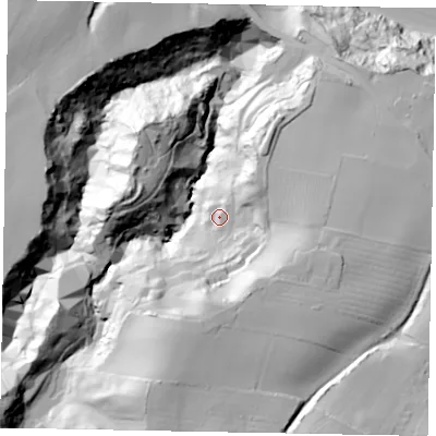 Shaded relief map of the ground around YO213ST, computed from Environment Agency LiDAR. The ground here sits at about 42 m above sea level and falls 79 m across the surrounding 800 m. Surface water reaching this point runs off ground lying to the south, 33.4 m higher.
