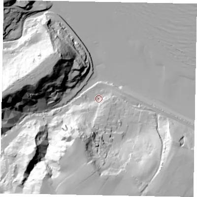 Shaded relief map of the ground around YO213SU, computed from Environment Agency LiDAR. The ground here sits at about 6 m above sea level and falls 59 m across the surrounding 800 m. Surface water reaching this point runs off ground lying to the south, 50.8 m higher.