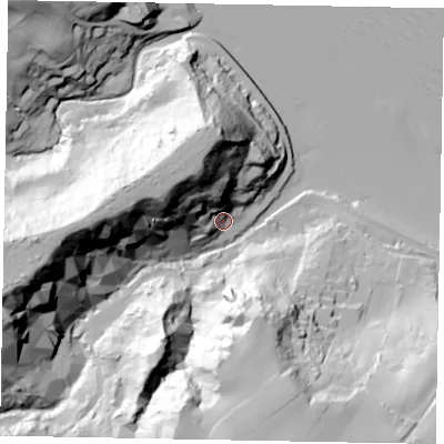 Shaded relief map of the ground around YO213SY, computed from Environment Agency LiDAR. The ground here sits at about 8 m above sea level and falls 62 m across the surrounding 800 m. Surface water reaching this point runs off ground lying to the north-west, 48.6 m higher.