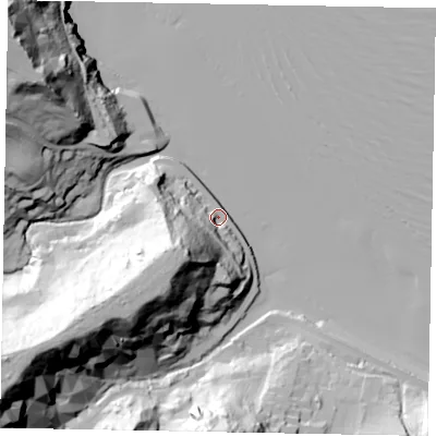Shaded relief map of the ground around YO213SZ, computed from Environment Agency LiDAR. The ground here sits at about 7 m above sea level and falls 67 m across the surrounding 800 m. Surface water reaching this point runs off ground lying to the south-west, 46.9 m higher.