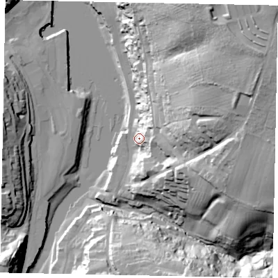 Shaded relief map of the ground around YO224AB, computed from Environment Agency LiDAR. The ground here sits at about 10 m above sea level and falls 59 m across the surrounding 800 m. Surface water reaching this point runs off ground lying to the east-north-east, 44.0 m higher.