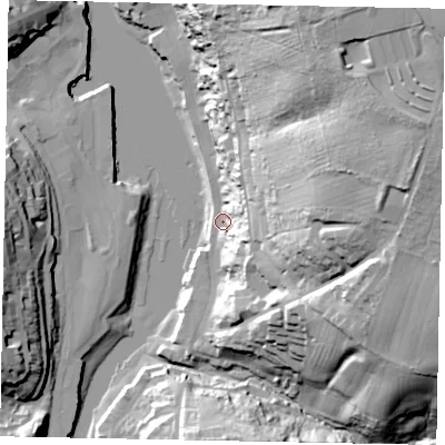 Shaded relief map of the ground around YO224AE, computed from Environment Agency LiDAR. The ground here sits at about 4 m above sea level and falls 61 m across the surrounding 800 m. Surface water reaching this point runs off ground lying to the east-north-east, 45.5 m higher.