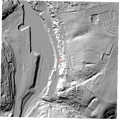 Shaded relief map of the ground around YO224AG, computed from Environment Agency LiDAR. The ground here sits at about 4 m above sea level and falls 61 m across the surrounding 800 m. Surface water reaching this point runs off ground lying to the east-north-east, 52.3 m higher.