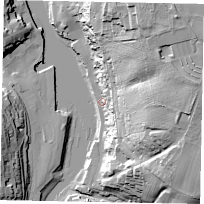 Shaded relief map of the ground around YO224AL, computed from Environment Agency LiDAR. The ground here sits at about 4 m above sea level and falls 63 m across the surrounding 800 m. Surface water reaching this point runs off ground lying to the east-north-east, 50.3 m higher.
