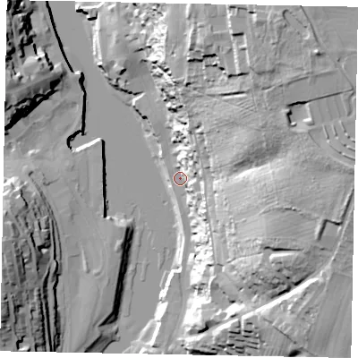 Shaded relief map of the ground around YO224AN, computed from Environment Agency LiDAR. The ground here sits at about 4 m above sea level and falls 63 m across the surrounding 800 m. Surface water reaching this point runs off ground lying to the north-east, 55.8 m higher.
