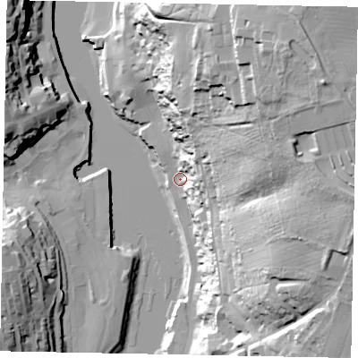 Shaded relief map of the ground around YO224AP, computed from Environment Agency LiDAR. The ground here sits at about 4 m above sea level and falls 63 m across the surrounding 800 m. Surface water reaching this point runs off ground lying to the north-east, 57.1 m higher.