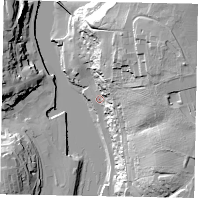Shaded relief map of the ground around YO224AR, computed from Environment Agency LiDAR. The ground here sits at about 5 m above sea level and falls 63 m across the surrounding 800 m. Surface water reaching this point runs off ground lying to the east-north-east, 55.5 m higher.