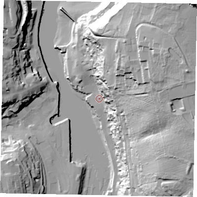 Shaded relief map of the ground around YO224AS, computed from Environment Agency LiDAR. The ground here sits at about 5 m above sea level and falls 64 m across the surrounding 800 m. Surface water reaching this point runs off ground lying to the north-east, 51.3 m higher.