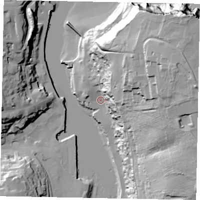 Shaded relief map of the ground around YO224AT, computed from Environment Agency LiDAR. The ground here sits at about 5 m above sea level and falls 66 m across the surrounding 800 m. Surface water reaching this point runs off ground lying to the east-north-east, 55.7 m higher.