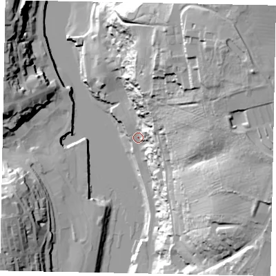 Shaded relief map of the ground around YO224AU, computed from Environment Agency LiDAR. The ground here sits at about 4 m above sea level and falls 63 m across the surrounding 800 m. Surface water reaching this point runs off ground lying to the east-north-east, 57.0 m higher.