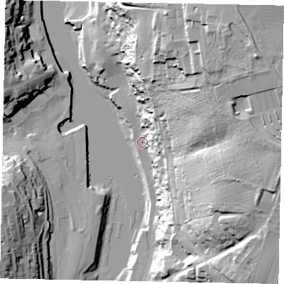 Shaded relief map of the ground around YO224AW, computed from Environment Agency LiDAR. The ground here sits at about 4 m above sea level and falls 63 m across the surrounding 800 m. Surface water reaching this point runs off ground lying to the north-east, 57.1 m higher.
