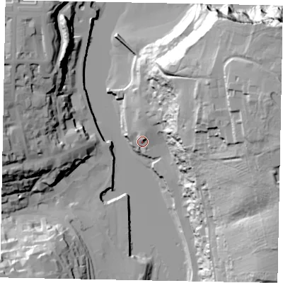 Shaded relief map of the ground around YO224BA, computed from Environment Agency LiDAR. The ground here sits at about 7 m above sea level and falls 64 m across the surrounding 800 m. Surface water reaching this point runs off ground lying to the north, 4.4 m higher.