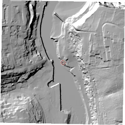 Shaded relief map of the ground around YO224BE, computed from Environment Agency LiDAR. The ground here sits at about 4 m above sea level and falls 64 m across the surrounding 800 m. Surface water reaching this point runs off ground lying to the north-north-east, 10.5 m higher.